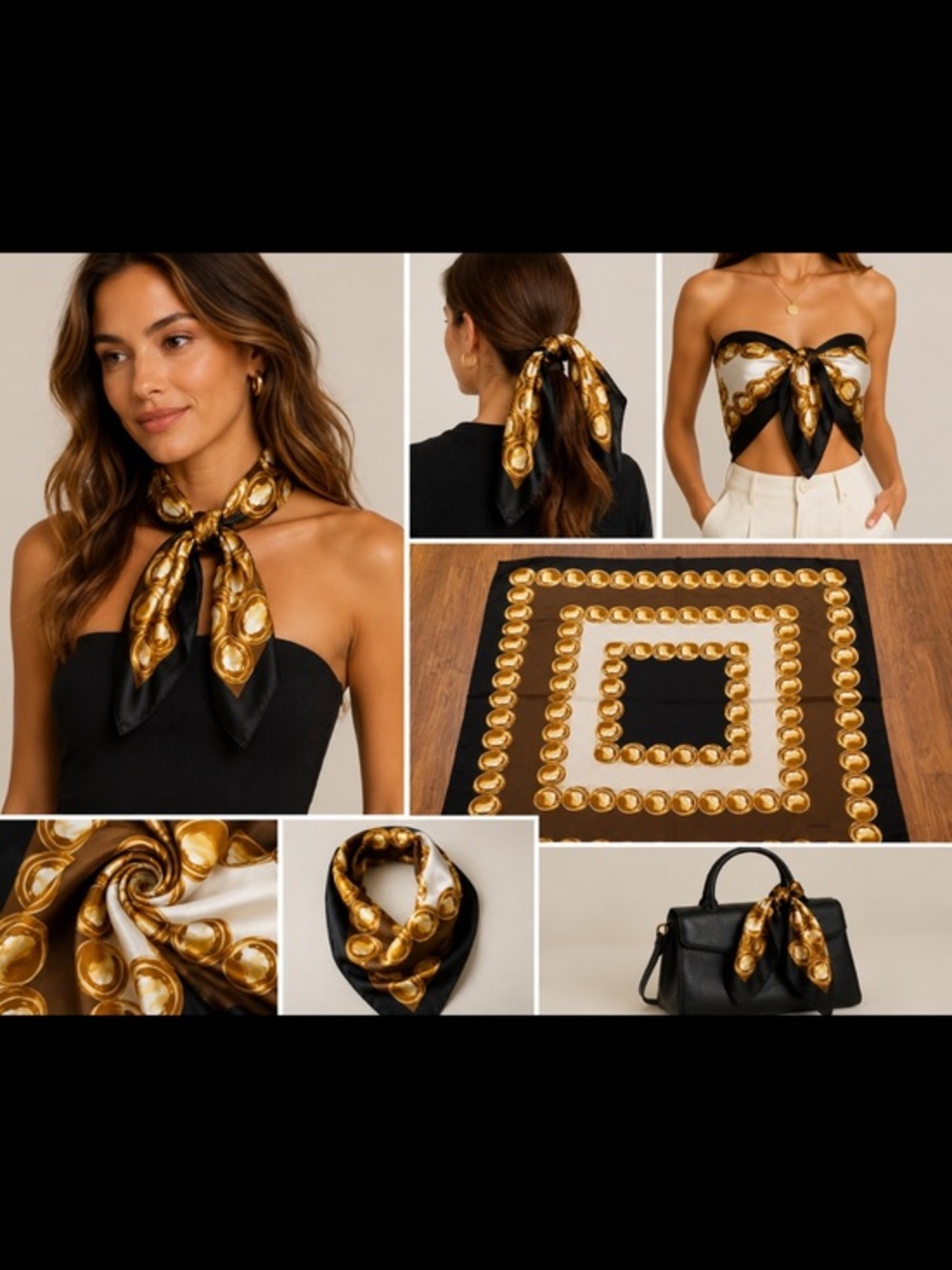 Movado Vintage Silk Scarf Black Gold Geometric Dot Print Luxury Square Scarf